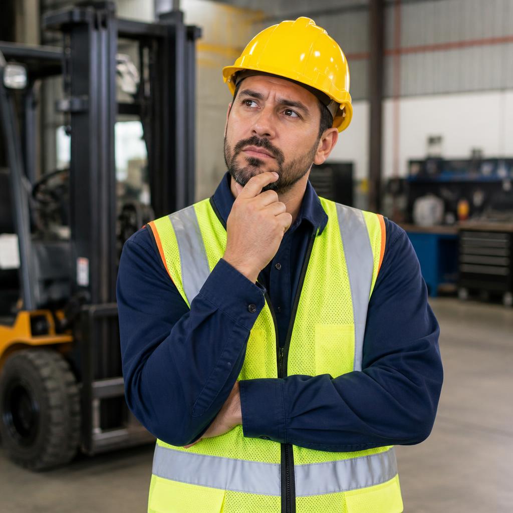 Forklift operator wearing a hard hat with a questioning look, representing common forklift questions